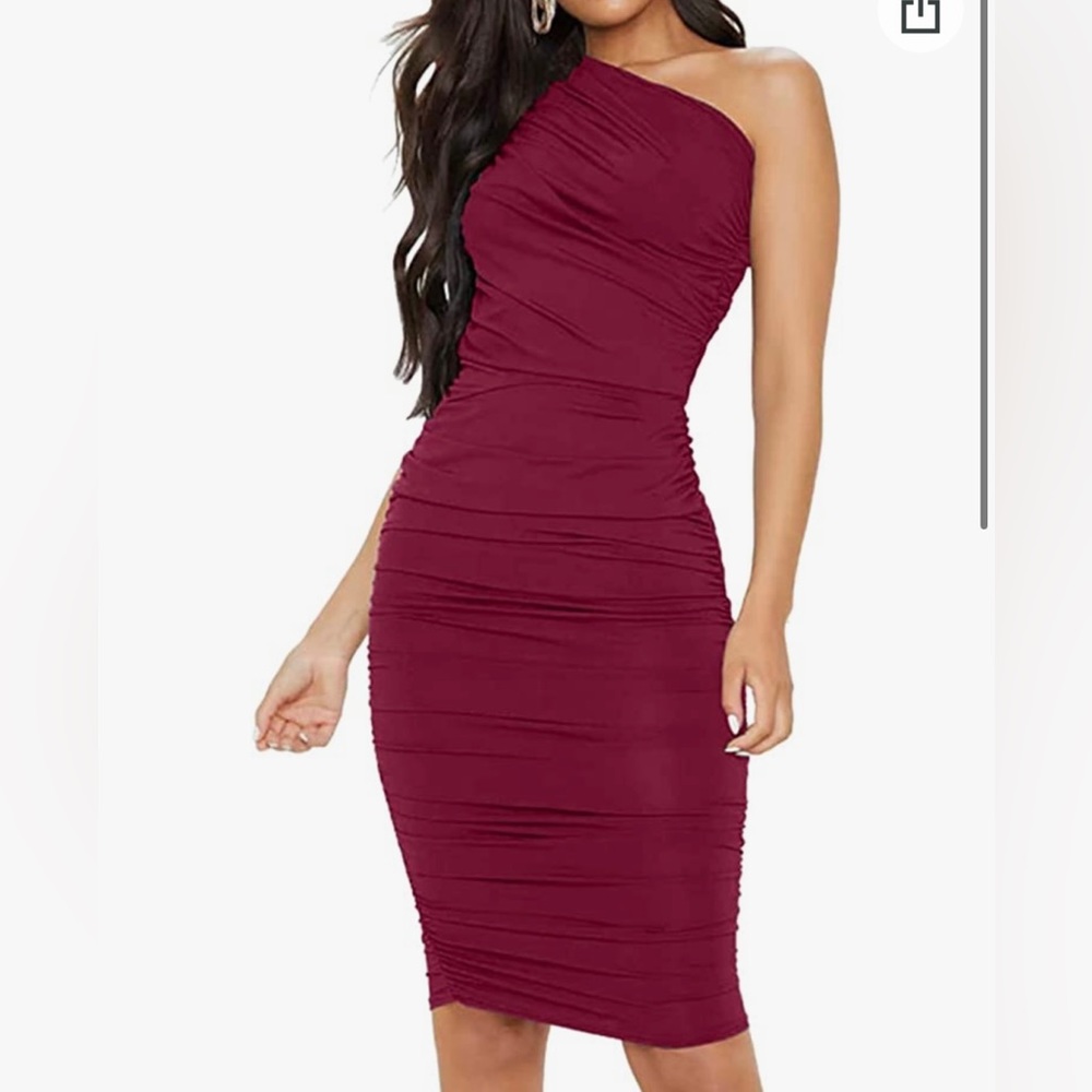 One Shoulder Ruched Burgundy Midi Dress.
